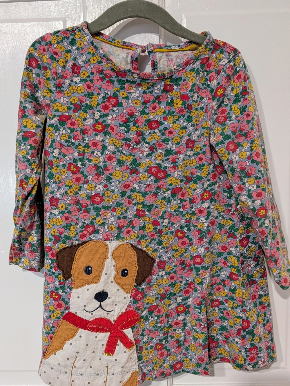 Mini Boden Floral Long-Sleeve Dress with Puppy Applique - Pink, Yellow & Green
